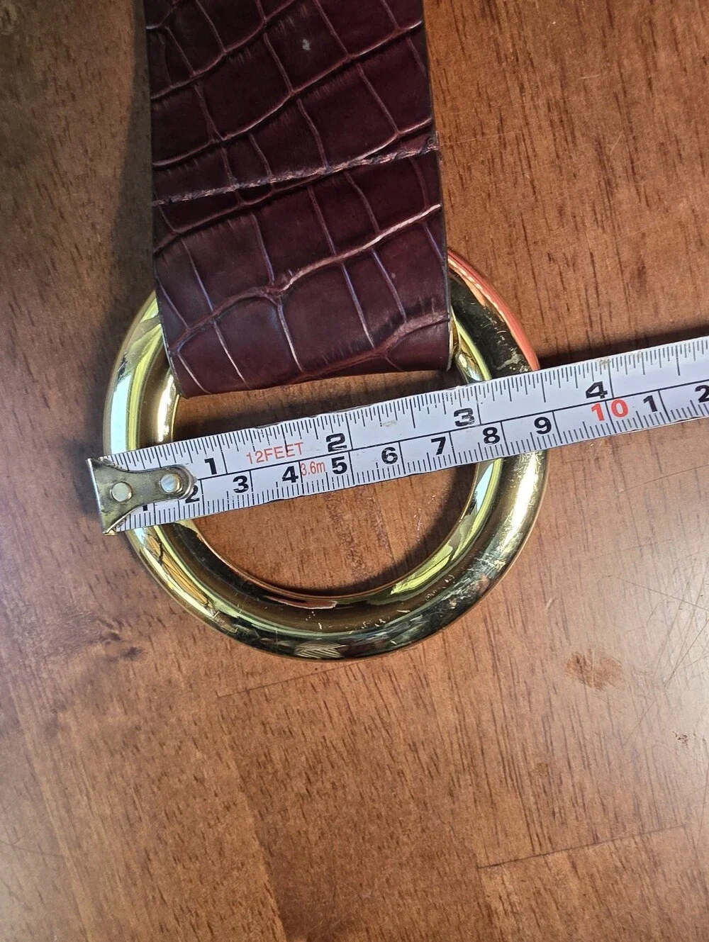 Genuine Leather Croc Embossed O-Ring Belt Gold Round Buckle Dark Brown L